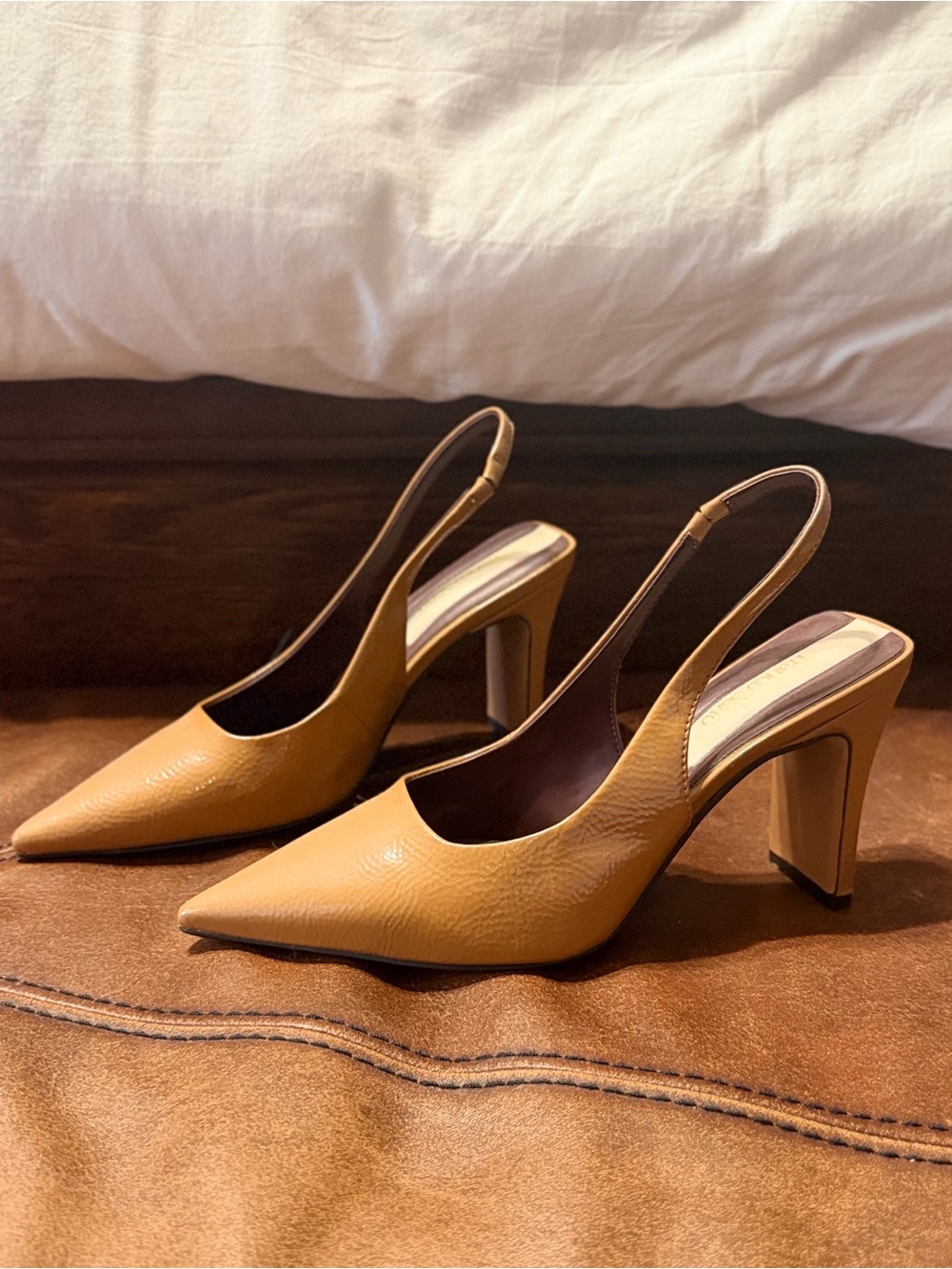 Franco Sarto Tan Pointed-Toe Slingback Heels